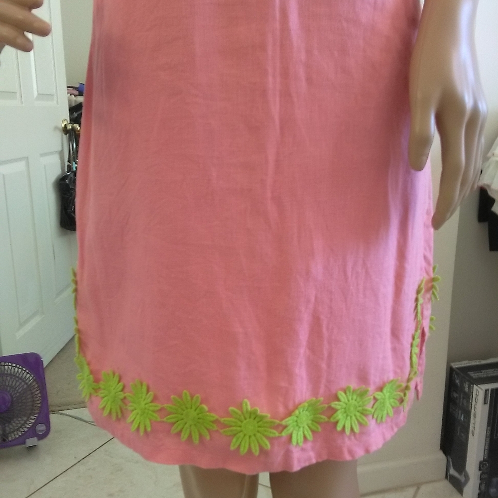 NWOT SAIL TO SABLE LINEN Pink Mini Dress Green Floral Embroidery Sz XS PTP 18-19 - Picture 5 of 8